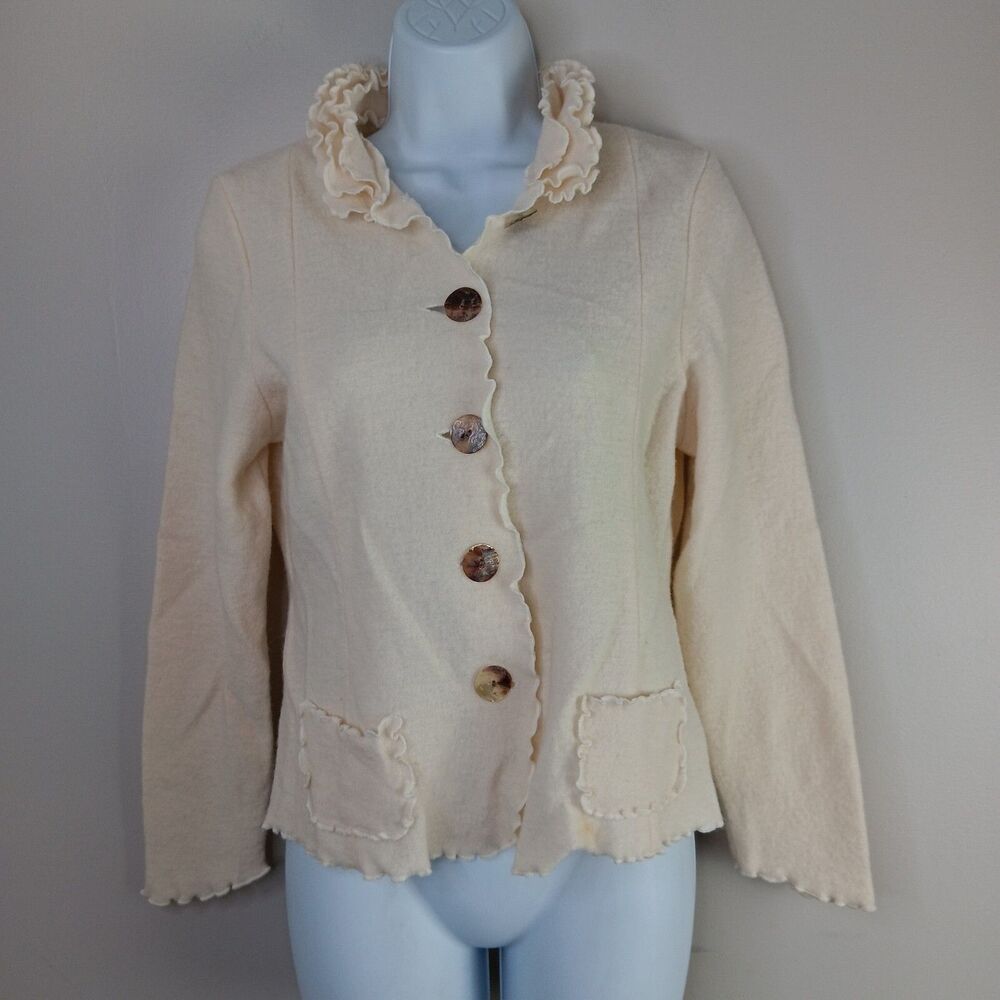 Venario Cardigan Sweater Women Medium Ivory Ruffle Sweater Button Cream Coquette